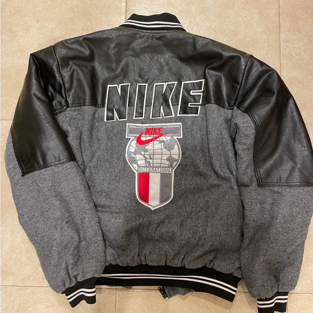 Super rare vintage Nike leather & tweed bomber jacket with detailing on back